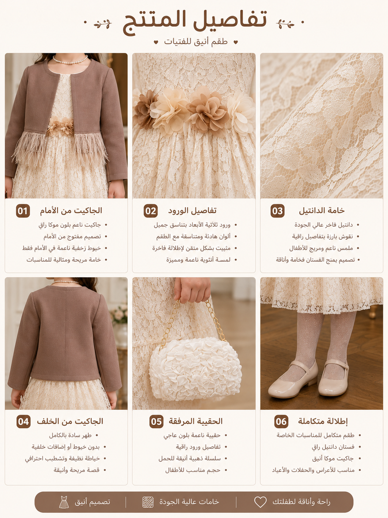 طقم "كيدورا" الملكي - فستان دانتيل فاخر مع جاكيت كلاسيكي وحقيبة يد متطابقة